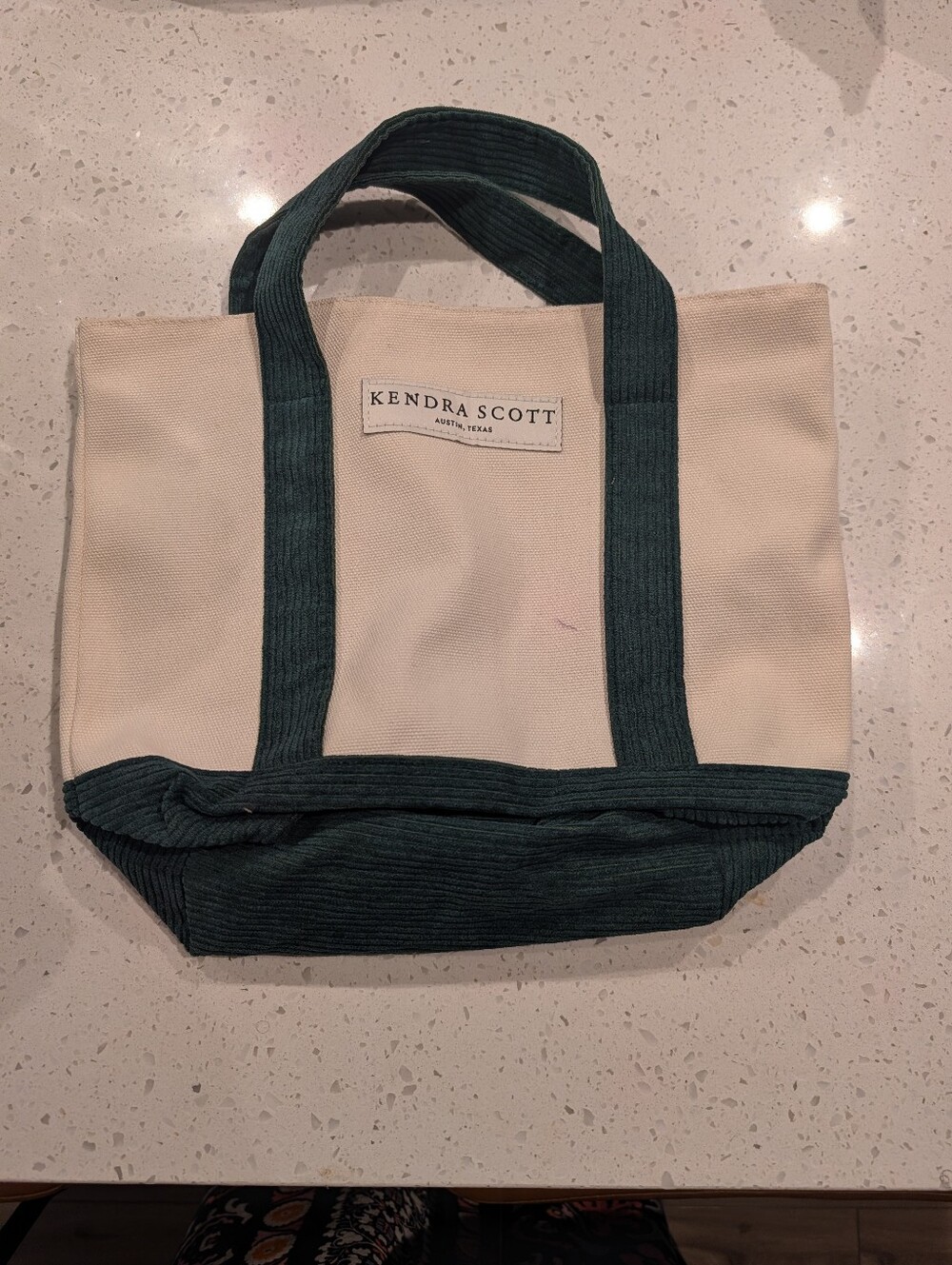 Kendra Scott Cream Canvas Tote with Dark Green Trim
